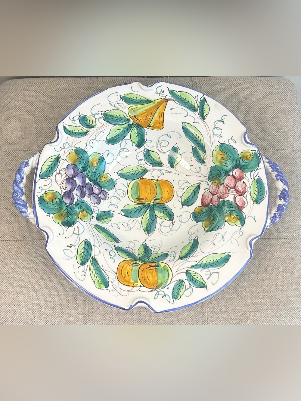 Vintage L.Pardi Castelli Italy Round Fruit Hand Painted Platter Plate Handles